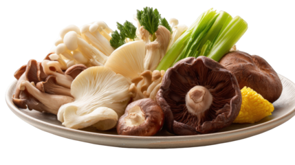 Fresh assortment of edible mushrooms featuring shiitake and oyster varieties, with vegetables, attractively displayed on transparent background.