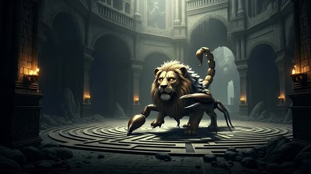 A majestic manticore statue stands proudly within an ancient, dimly lit stone chamber.