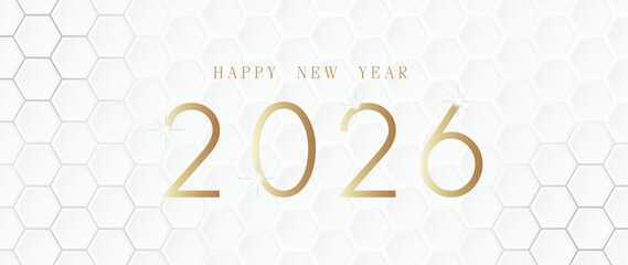 2026 new year on white hexagon, honeycomb. White background, light and shadow, vector