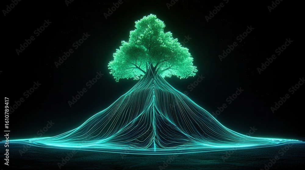 Poster nature conservation concept. digital art of a luminous tree with vibrant roots and geometric pattern