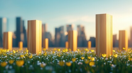 nature conservation concept. Urban landscape with flowers and wooden structures in the foreground.