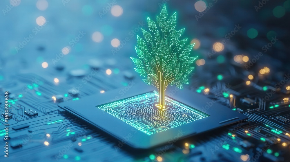 Poster nature conservation concept. digital tree emerging from a circuit board with glowing lights.
