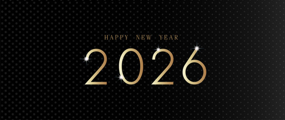 Happy new year 2026. Gold paper numbers on black halftone background. Holiday greeting card design.