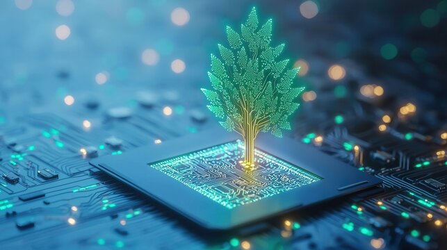 nature conservation concept. Digital tree emerging from a circuit board with glowing lights.