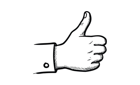 Hand-drawn sketch of thumbs up gesture with cuffed sleeve in monochrome. Vector retro hand drawn illustration