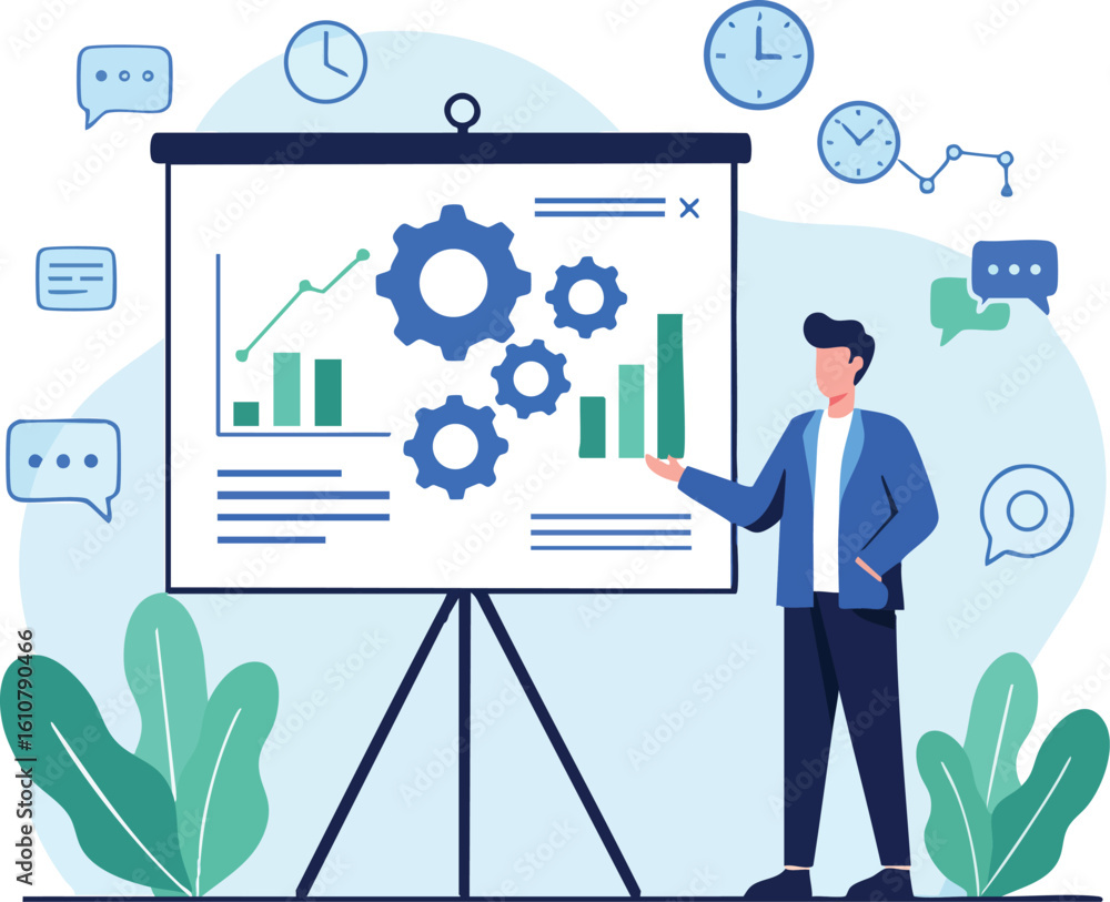 Aufkleber businessman presenting workflow and growth charts on projector screen with clock and communication i