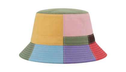 Colorful patchwork panama hat with several bright panels on a transparent background