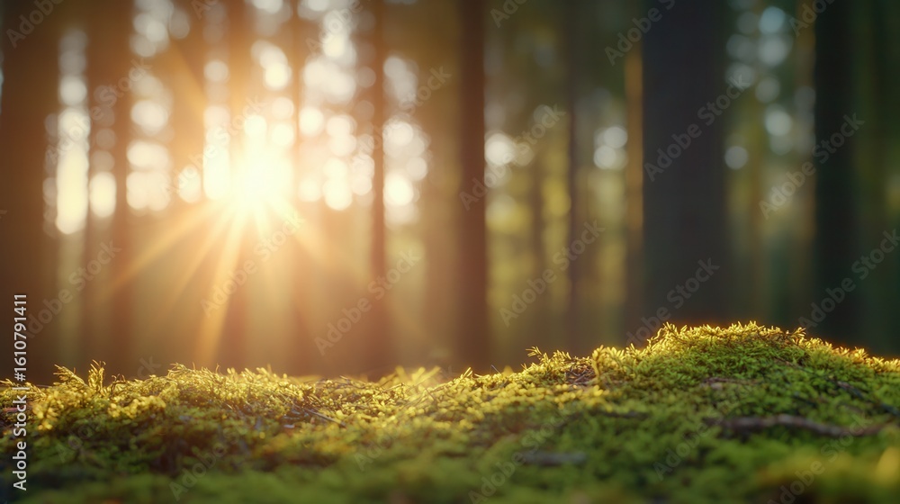 Poster nature conservation concept. sunlight filtering through trees in a tranquil forest setting.