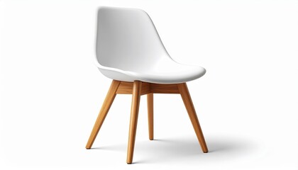 Modern White Plastic Chair with Wooden Legs on a Seamless White Background