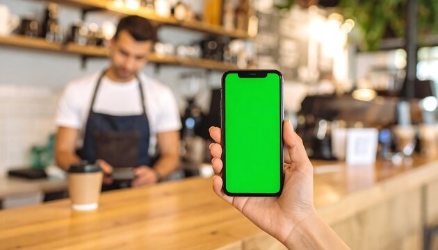 Hand holds phone with green screen in cafe (1)