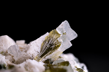 Clear Prehnite on green Epidote on white Adulria. Specimen from Arvigo, Calenca, Switzerland. Micro...