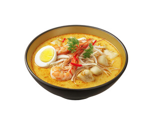 Delicious bowl of Malaysian Laksa noodle soup with shrimp and egg, garnished on transparent background