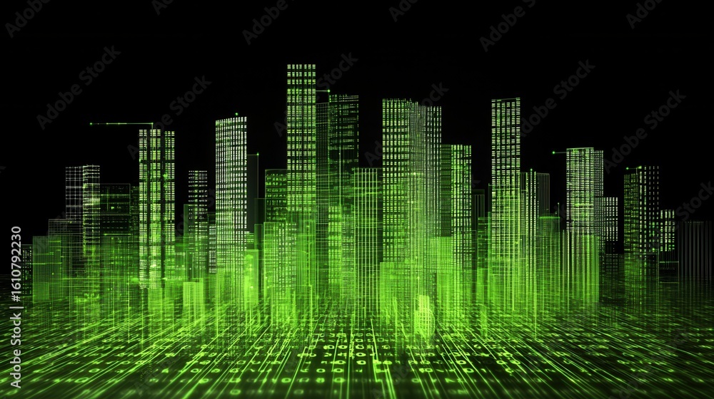 Poster nature conservation concept. digital skyline with green accents and binary code overlay.