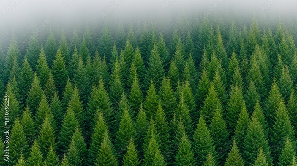 Poster nature conservation concept. lush green forest with dense tree coverage and soft fog.