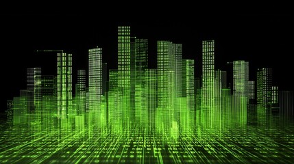 nature conservation concept. Digital skyline with green accents and binary code overlay.
