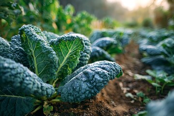 Close-up view of fresh kale growing in a vegetable garden, covered with morning dew. The vibrant green leaves highlight the health benefits and natural beauty of this superfood, making it a perfect im