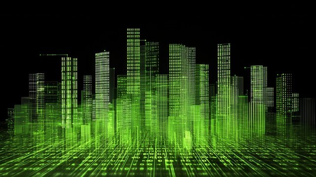 nature conservation concept. Digital skyline with green accents and binary code overlay.