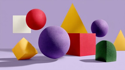 Collection of colorful shapes and spheres, including a red cube and a yellow square, are suspended in midair. Concept of playfulness and creativity, as the various shapes seem to be floating