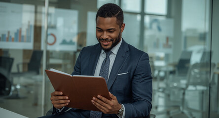 Black male finance professional preparing for a high-stakes job interview in a modern glass office, confidently reviewing resume and strategy, surrounded by data analytics and corporate visuals