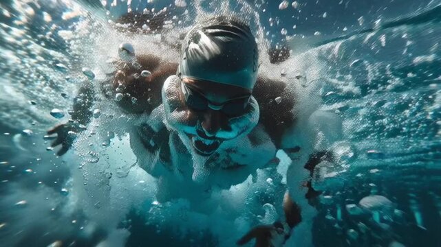 Underwater Dive: A swimmer's triumphant plunge into the cool, crystal water captures the essence of sport and physical prowess, offering a dynamic, aquatic scene filled with bubbles.