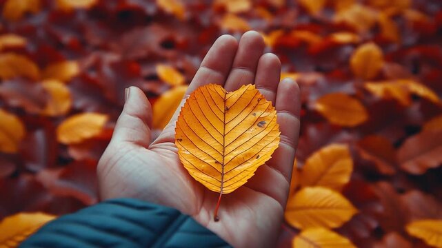 Hand holding a vibrant orange leaf against a backdrop of fallen leaves, showcasing the beauty of autumn foliage and the intricate details of nature's colors and textures