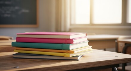 Stacked colorful books on wooden desk in bright classroom  