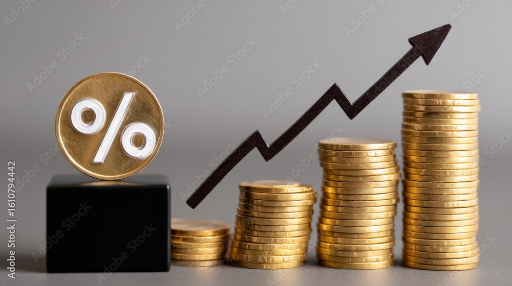 Poster stack of coins with a coin that says percent on it. the coins are stacked on top of each other