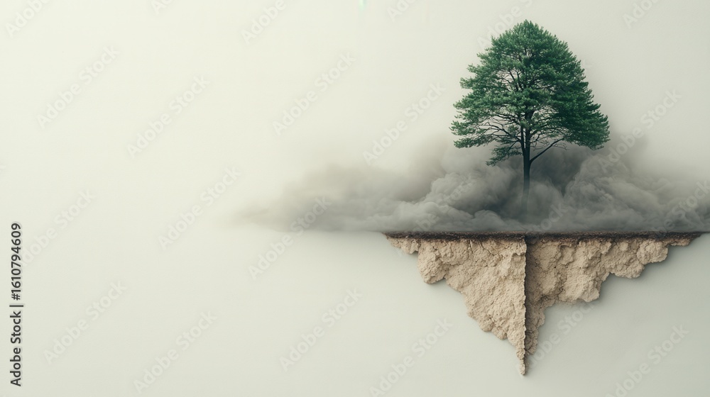 Poster nature conservation concept. floating tree above clouds in a surreal landscape.