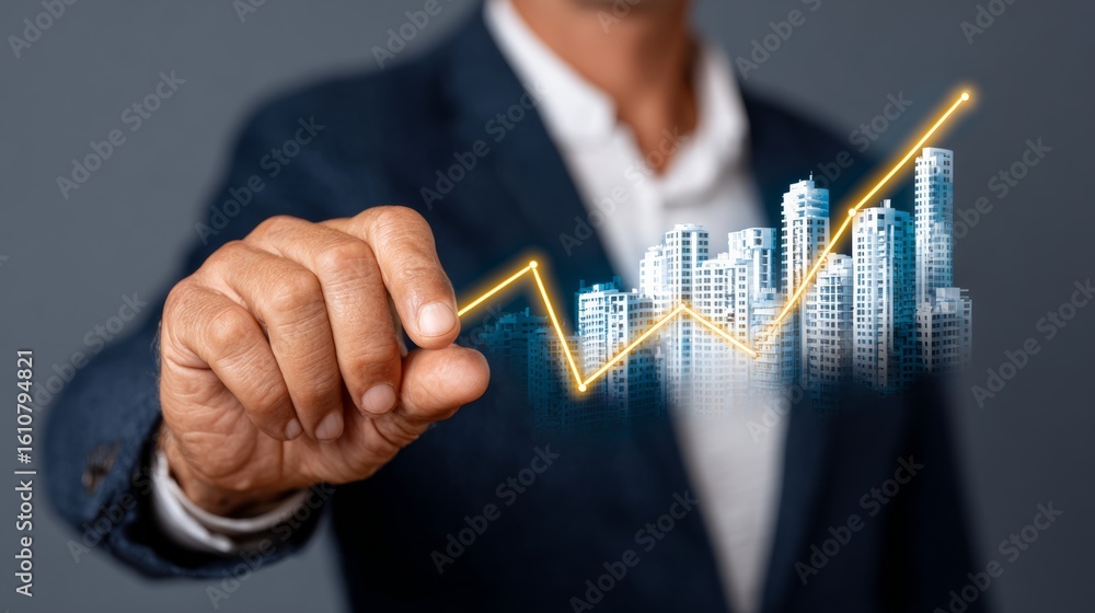 Poster man in a suit is drawing a line on a screen with a yellow tip. the line is going up, and the man is 