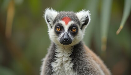 Obraz premium Captivating Ring-tailed Lemur with Unique Red Forehead Mark and Piercing Amber Eyes