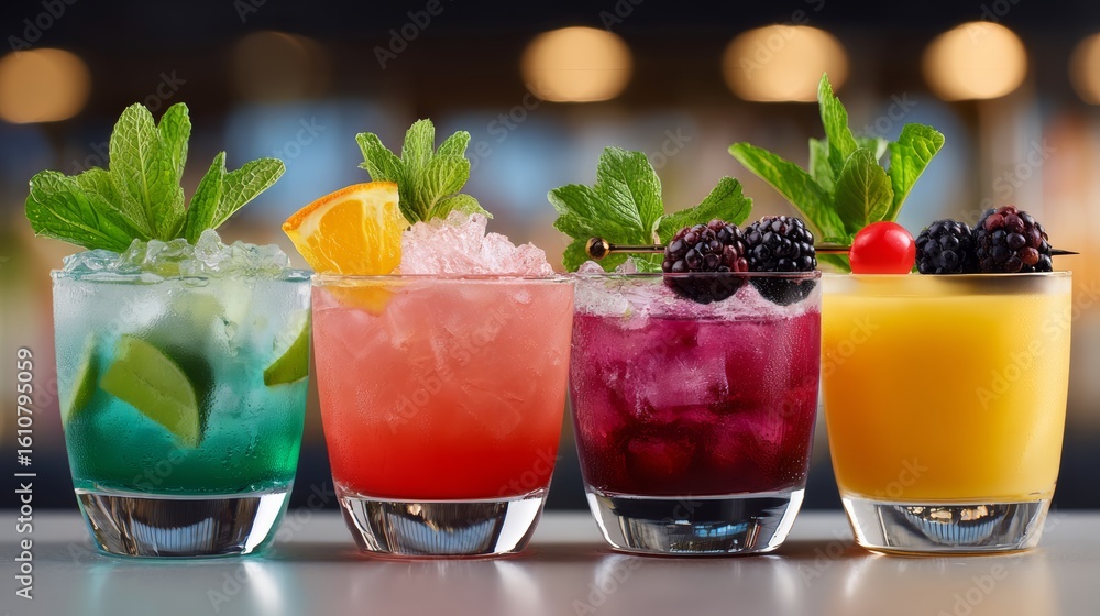 Poster four colorful cocktails are lined up on a table, each with a different fruit garnish. the drinks are