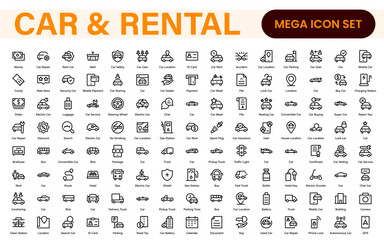 Car and rental icons in modern thin line style. Covers vehicle hire, transport services, road trips, navigation, fuel, maintenance, and car-related logistics.