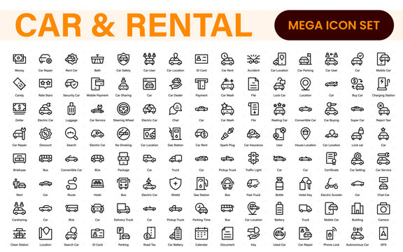 Car and rental icons in modern thin line style. Covers vehicle hire, transport services, road trips, navigation, fuel, maintenance, and car-related logistics.