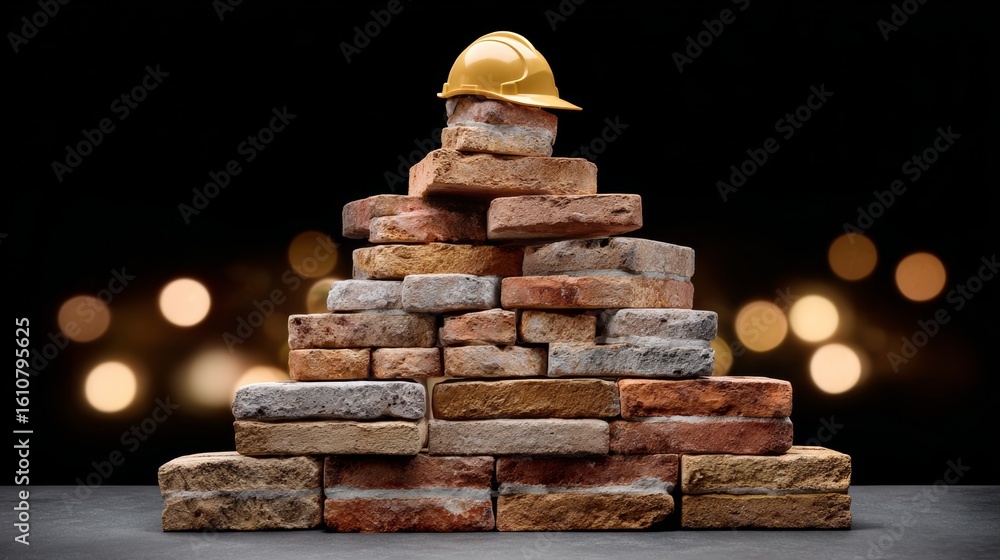Poster stack of bricks with a yellow hard hat on top. the bricks are piled on top of each other in a pyrami