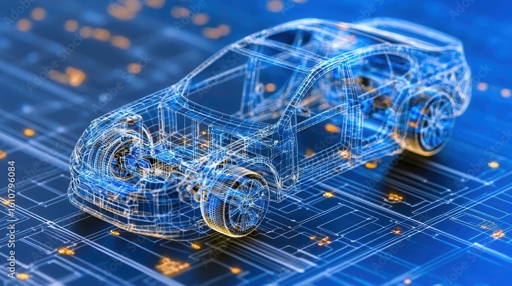 Poster nature conservation concept. 3d model of a car displayed on a technological background.