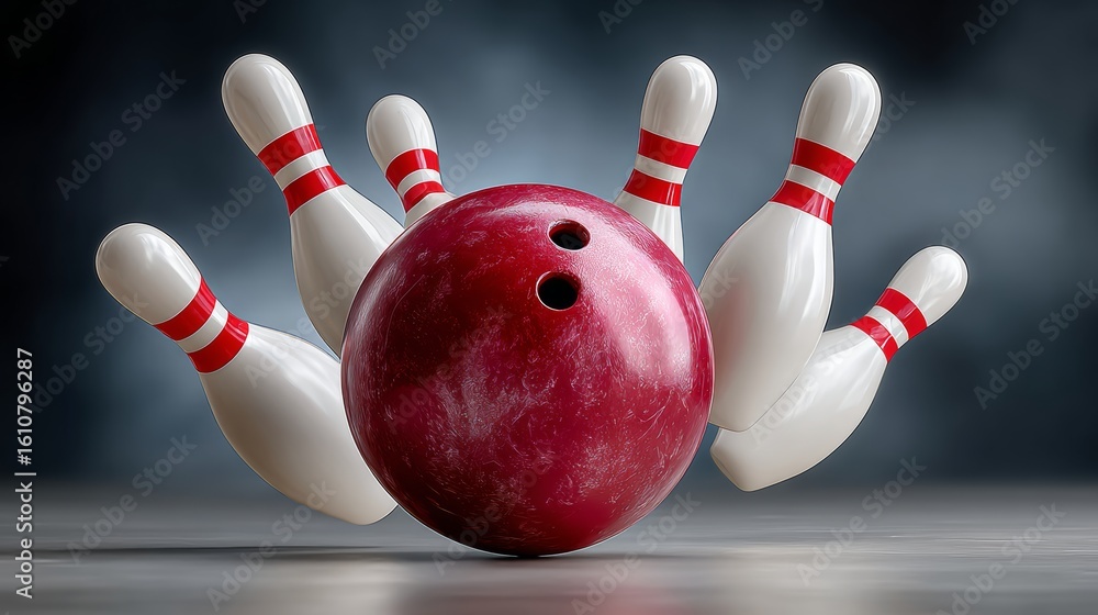 Poster bowling ball with a red stripe and white stripe is in the middle of a row of bowling pins