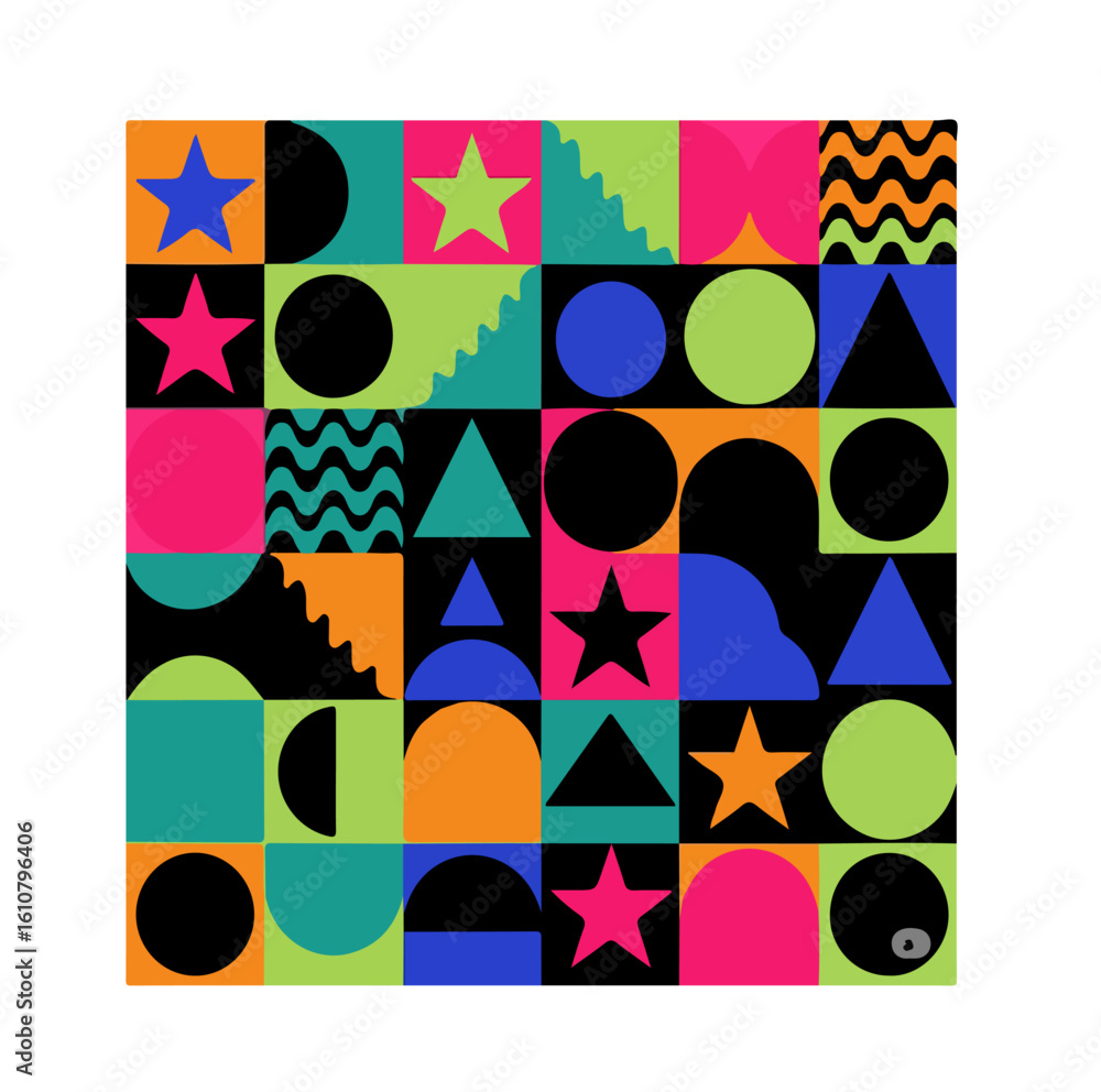 Poster a colorful geometric pattern with various shapes arranged in a square composition art