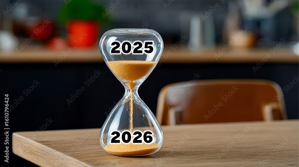 Poster sand timer with the year 2025 written on it. concept of time passing and the importance of making th
