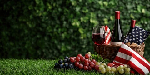 A festive picnic scene with red wine, a glass, grapes, and patriotic American themed decor, placed beautifully on lush green grass with a green foliage backdrop.