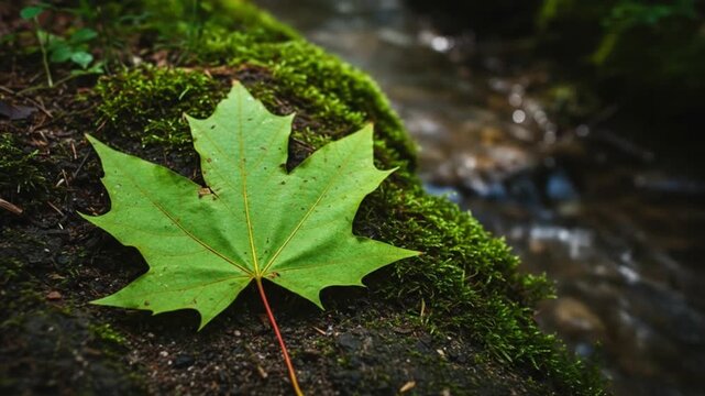 Close up of a green maple leaf on mossy ground near a flowing stream of water outdoors