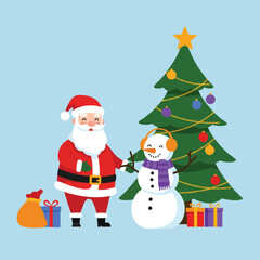 Santa Claus with snowman and decorated Christmas tree celebrating festive winter holiday scene in flat vector style 