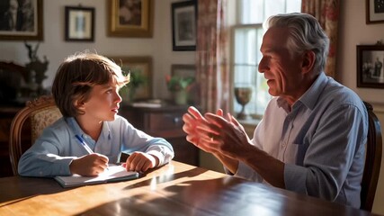 Grandfather Helping Grandson with Homework in Sunlit Room - Powered by Adobe
