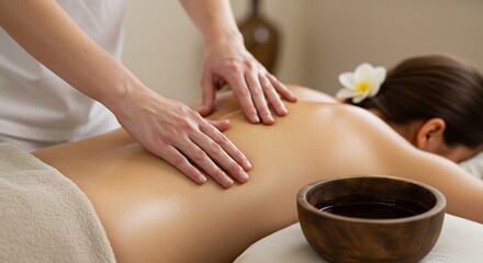 Person receiving an oil back massage from a therapist with a plumeria flower in their hair