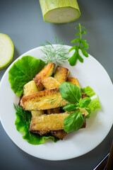 Vegetable appetizer of zucchini and dill on a gray background