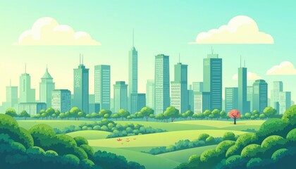 Fototapeta premium Serene Cityscape: Green Park, Modern Buildings, and a Single Red Tree