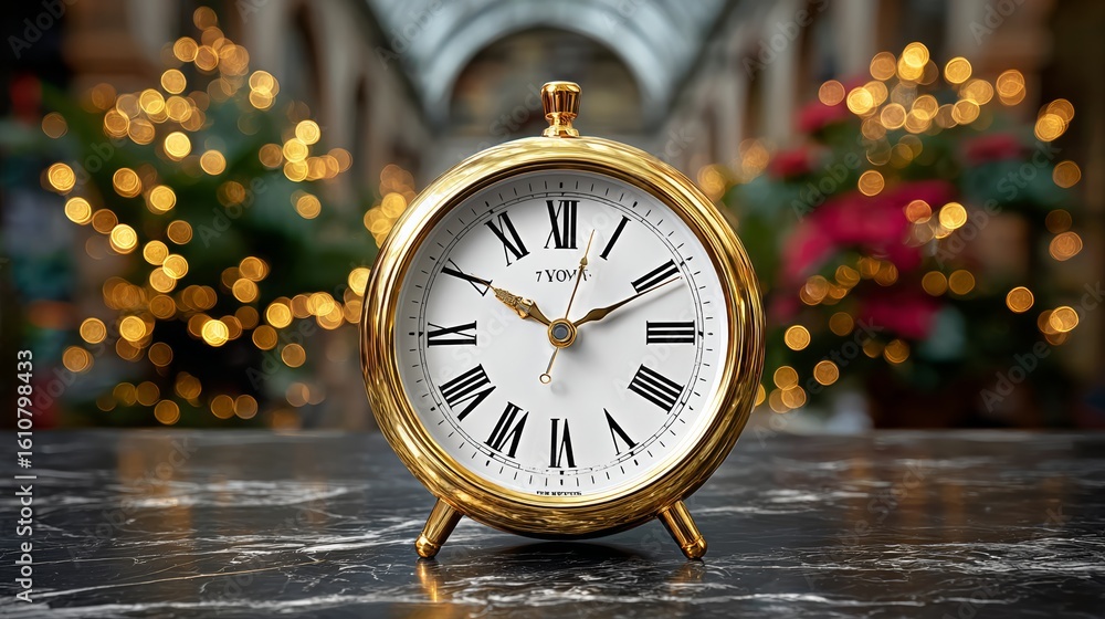Poster gold and white clock with roman numerals on it sits on a table. the clock is set to the time of 10:3