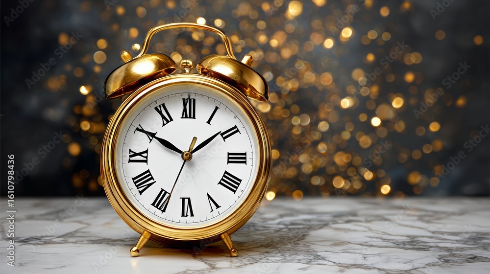 Poster gold alarm clock with roman numerals on its face sits on a marble countertop. the clock is set to th