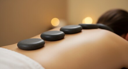 Persons back with smooth dark massage stones soft blurred lights in background