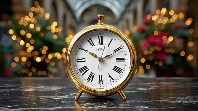 Gold and white clock with roman numerals on it sits on a table. The clock is set to the time of 10:30