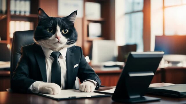 Business cat wearing suit sits at desk working in office. Professional manager or boss